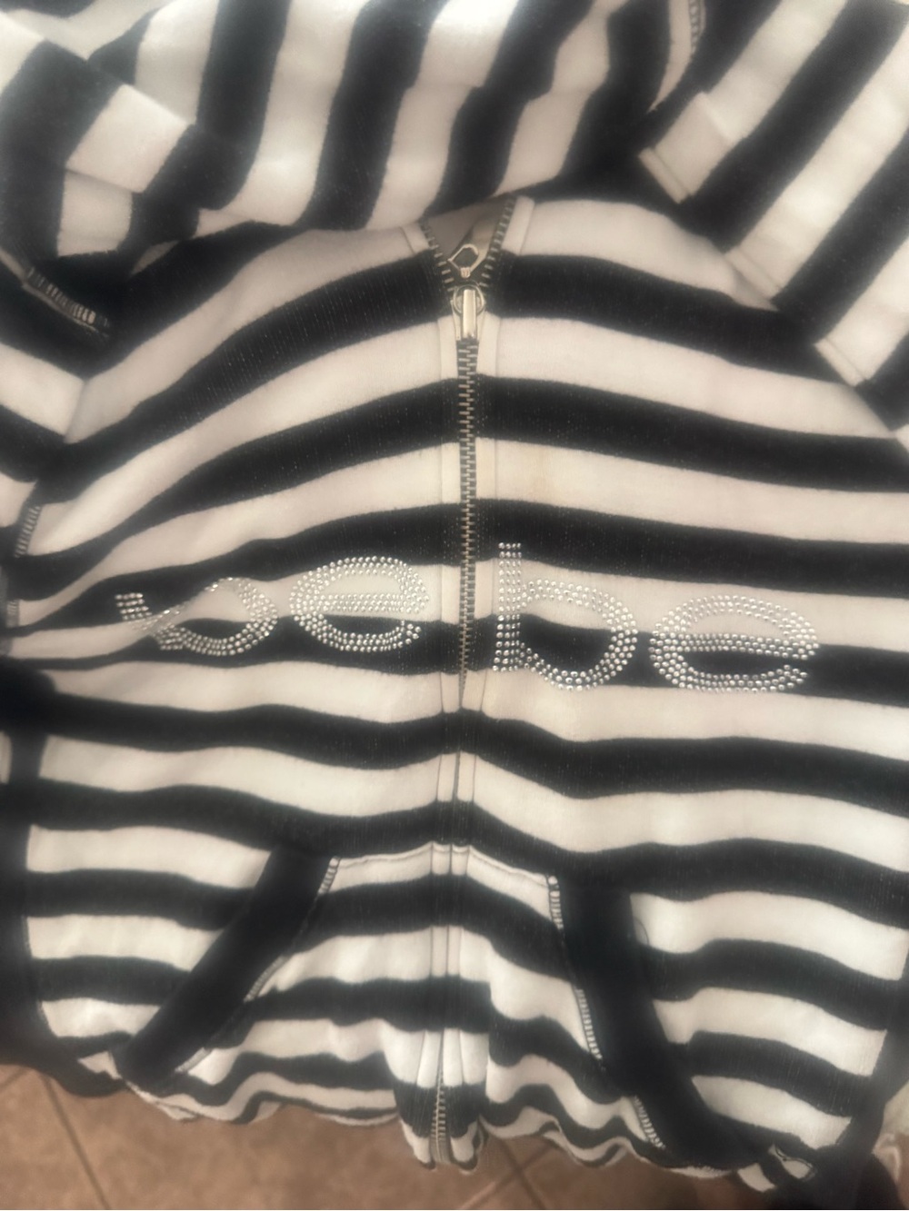 Striped Zip Hoodie with Rhinestone Logo Bebe vintage Y2K - Black & White